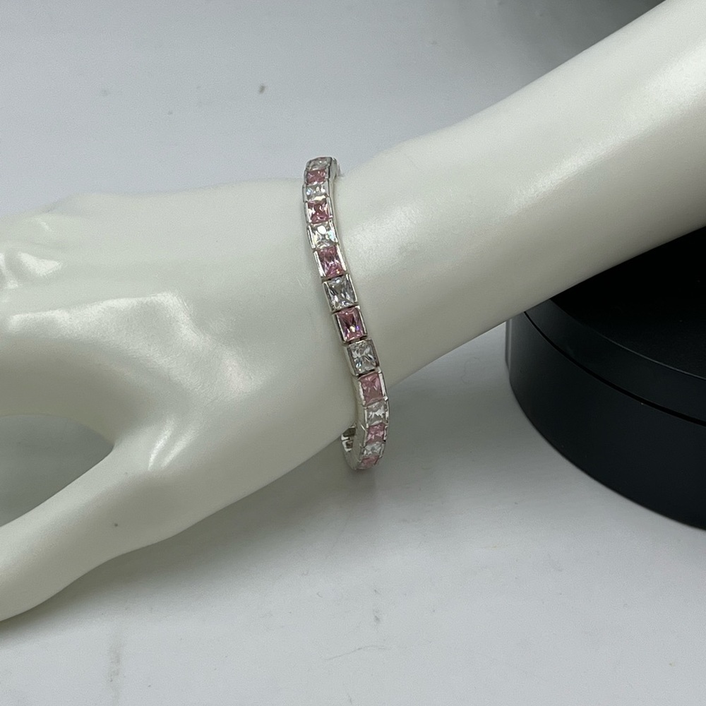 Sterling Silver 925‎ Clear and Pink Topaz CZ Tennis Bracelet Safety Latch